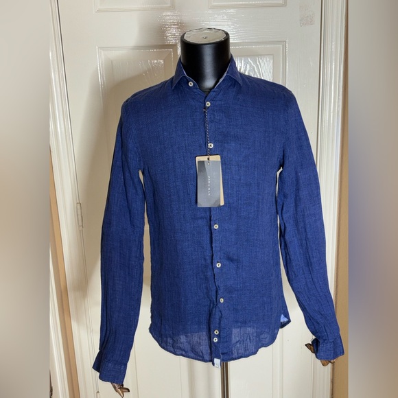 ZARA 100% LINEN SHIRT WITH collar and long sleeves pocket BLUE Small NWT - Picture 5 of 13